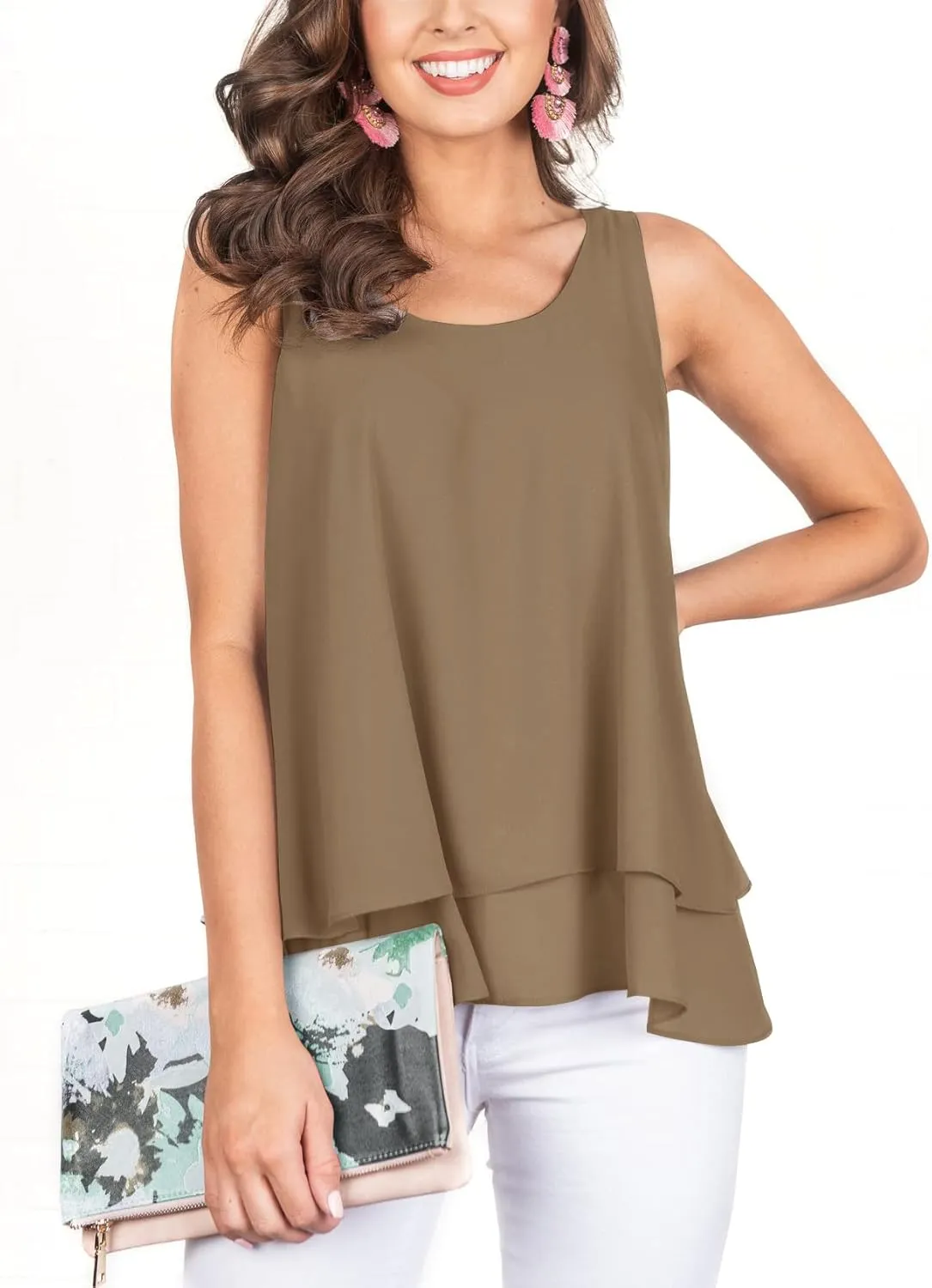 Floral Find Women's Chiffon Layered Tank Tops Summer Sleeveless Round Neck Blouses Shirts