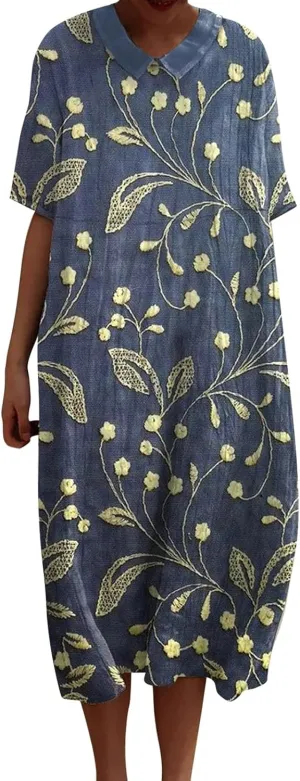 Floral Long Dress for Women Lapel Neck Short Sleeve Midi Dress Plus Size Maxi Dresses Beach Vacation Sundresses
