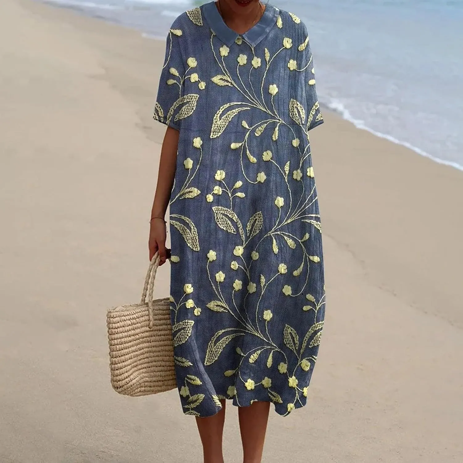 Floral Long Dress for Women Lapel Neck Short Sleeve Midi Dress Plus Size Maxi Dresses Beach Vacation Sundresses