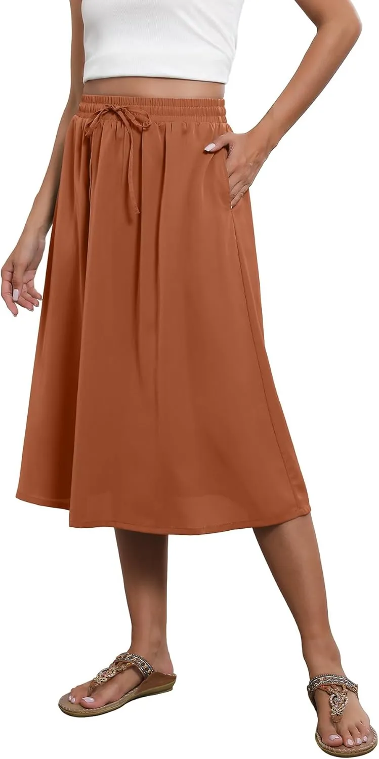 Flowy Skirt Midi Length Elastic High Waist A-Line Skirt with Pockets Boho for Women 2025 Trendy(S-2XL)