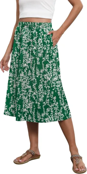 Flowy Skirt Midi Length Elastic High Waist A-Line Skirt with Pockets Boho for Women 2025 Trendy(S-2XL)