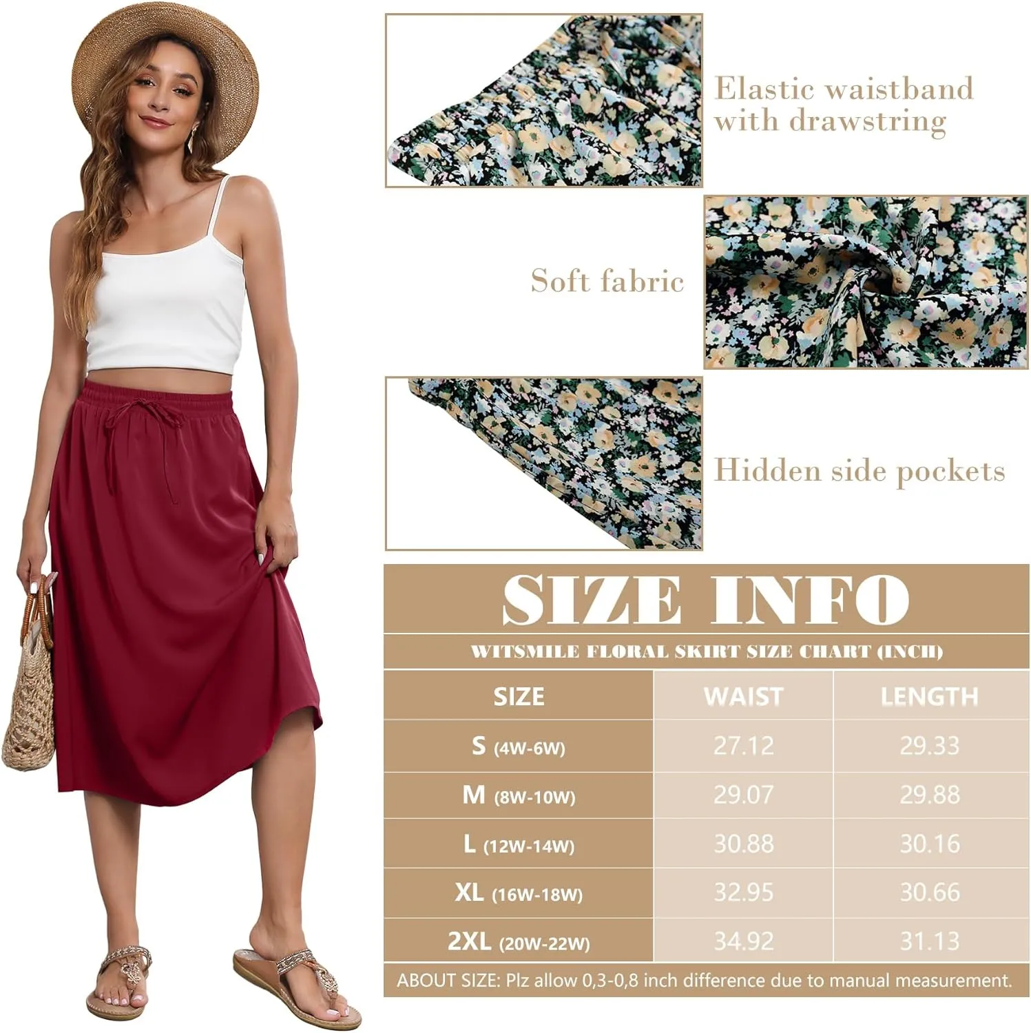 Flowy Skirt Midi Length Elastic High Waist A-Line Skirt with Pockets Boho for Women 2025 Trendy(S-2XL)