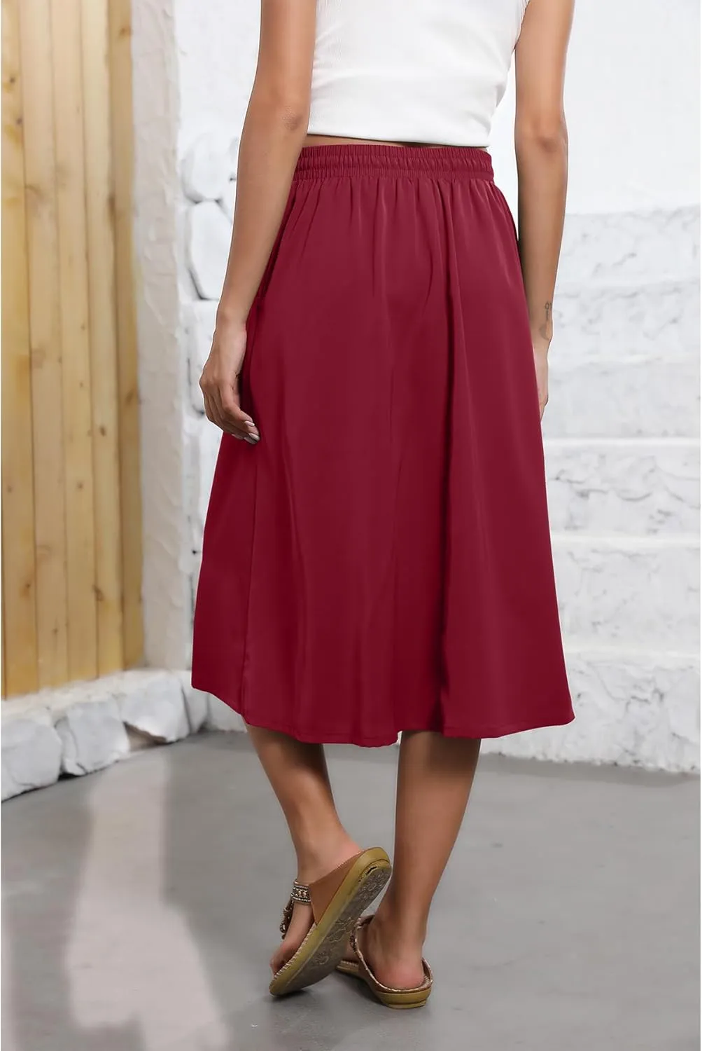 Flowy Skirt Midi Length Elastic High Waist A-Line Skirt with Pockets Boho for Women 2025 Trendy(S-2XL)
