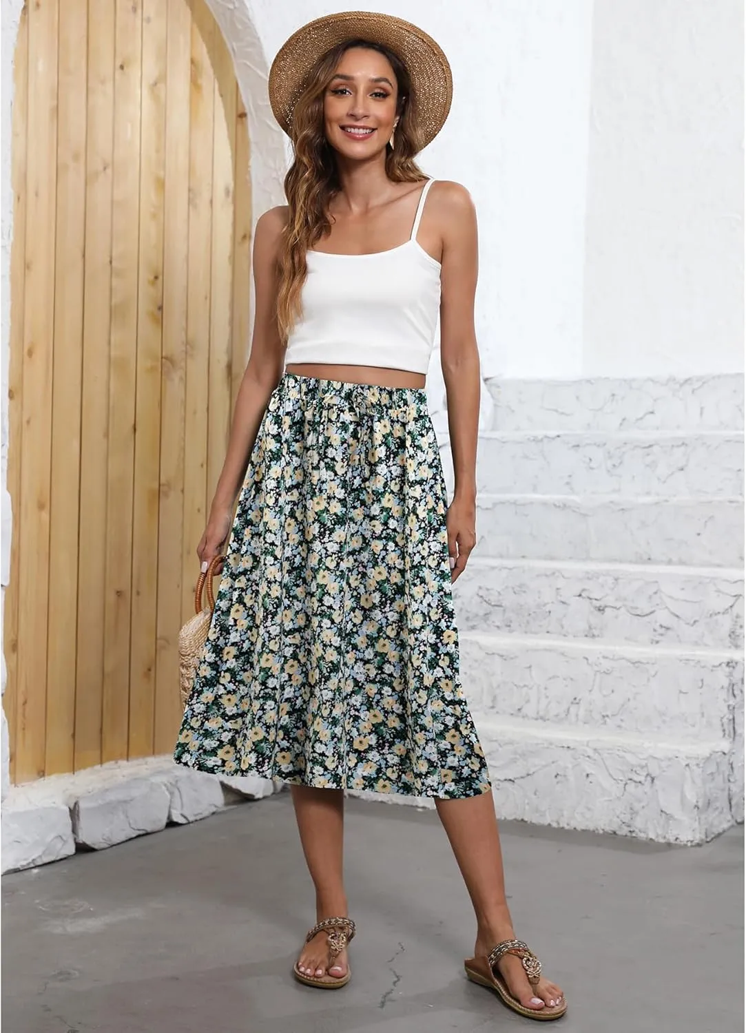Flowy Skirt Midi Length Elastic High Waist A-Line Skirt with Pockets Boho for Women 2025 Trendy(S-2XL)