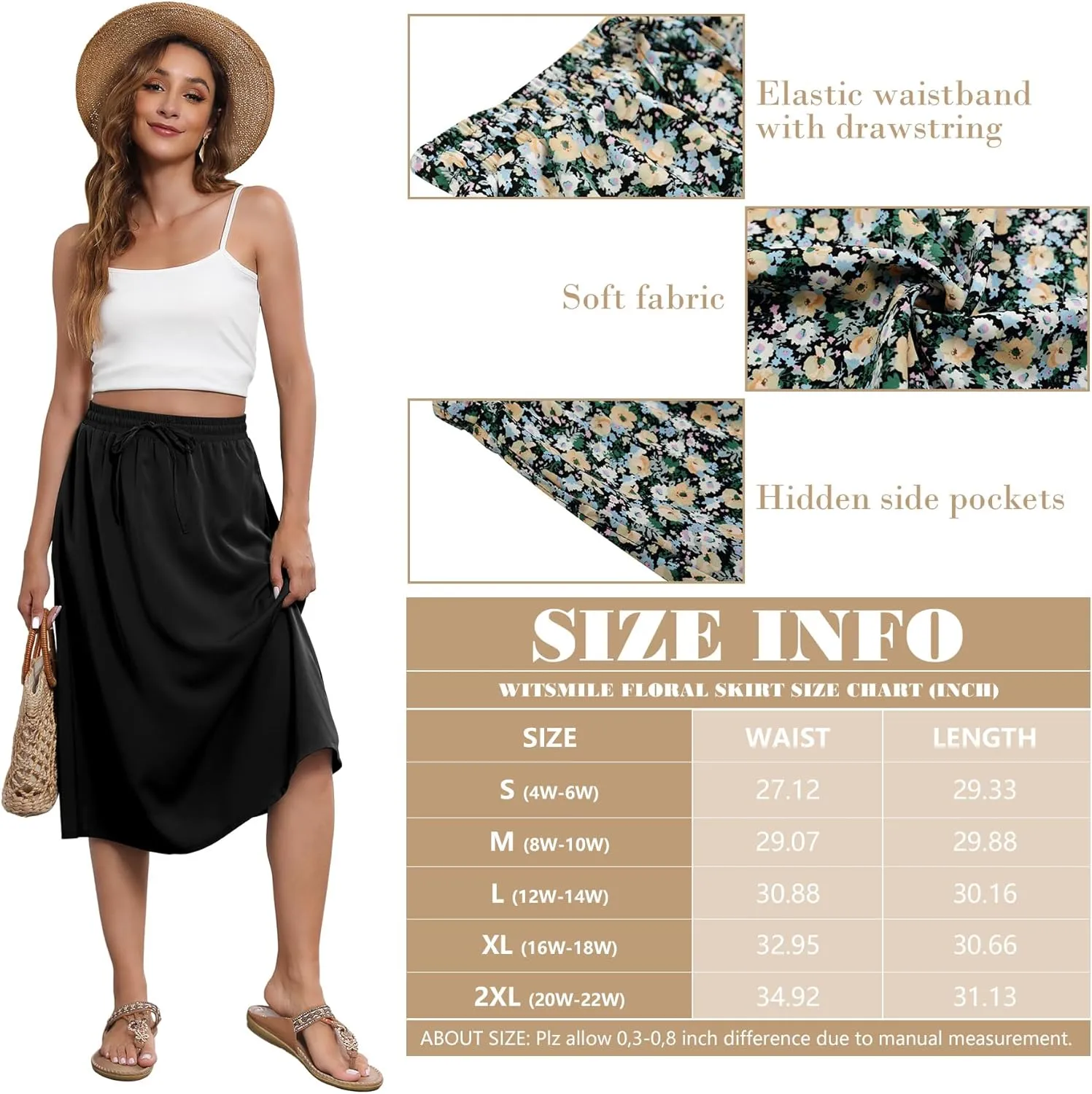 Flowy Skirt Midi Length Elastic High Waist A-Line Skirt with Pockets Boho for Women 2025 Trendy(S-2XL)