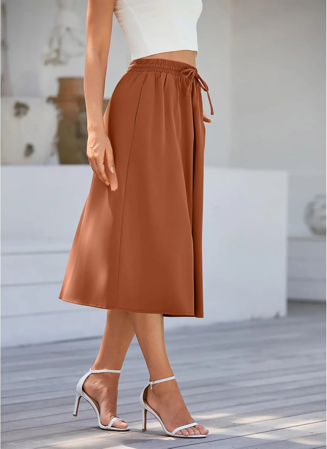 Flowy Skirt Midi Length Elastic High Waist A-Line Skirt with Pockets Boho for Women 2025 Trendy(S-2XL)