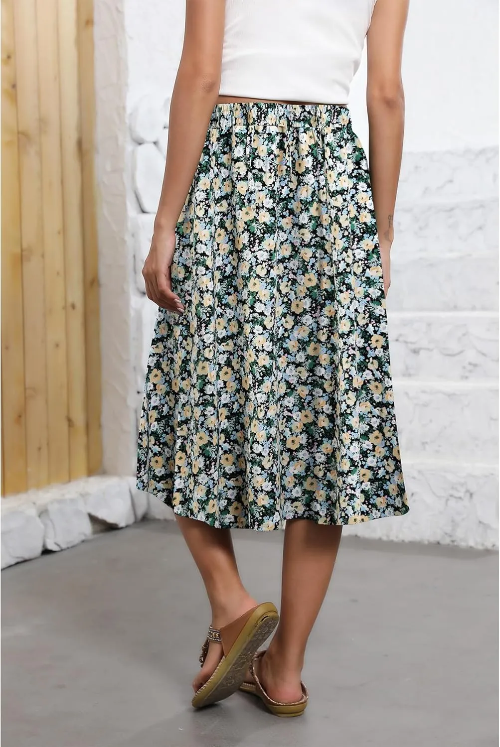 Flowy Skirt Midi Length Elastic High Waist A-Line Skirt with Pockets Boho for Women 2025 Trendy(S-2XL)