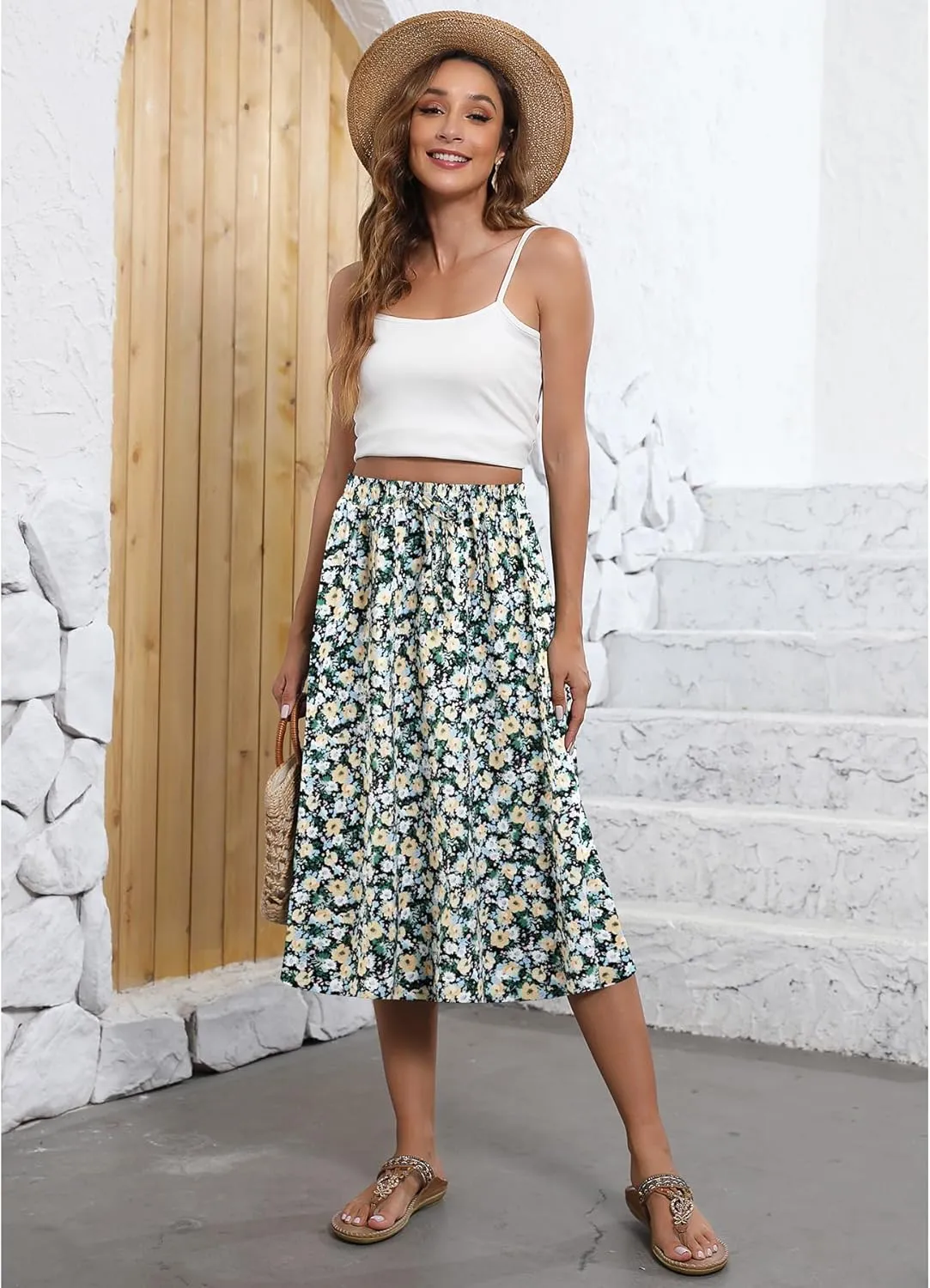 Flowy Skirt Midi Length Elastic High Waist A-Line Skirt with Pockets Boho for Women 2025 Trendy(S-2XL)