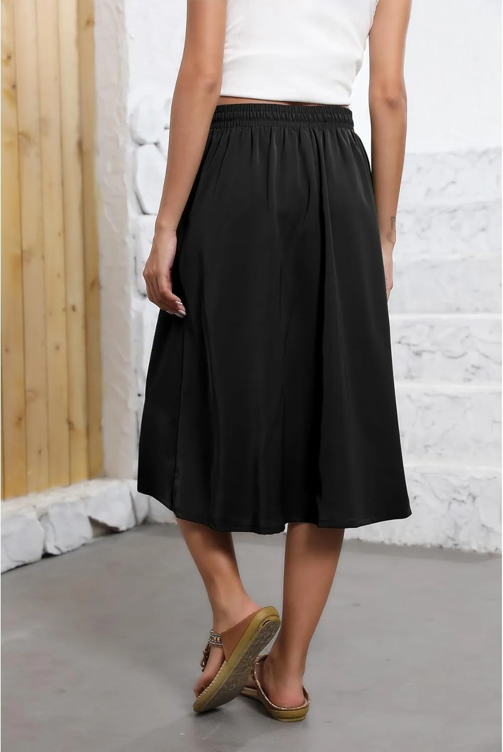 Flowy Skirt Midi Length Elastic High Waist A-Line Skirt with Pockets Boho for Women 2025 Trendy(S-2XL)