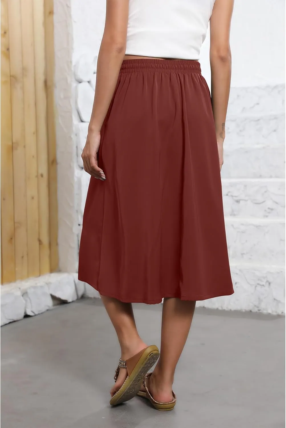 Flowy Skirt Midi Length Elastic High Waist A-Line Skirt with Pockets Boho for Women 2025 Trendy(S-2XL)
