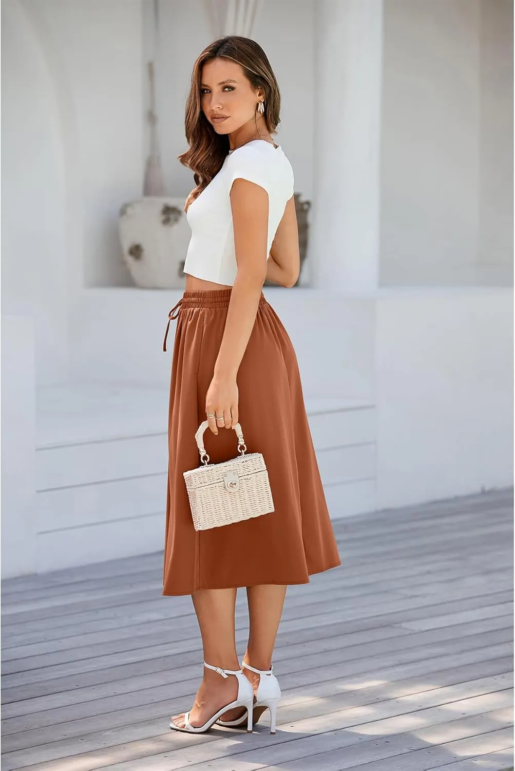 Flowy Skirt Midi Length Elastic High Waist A-Line Skirt with Pockets Boho for Women 2025 Trendy(S-2XL)