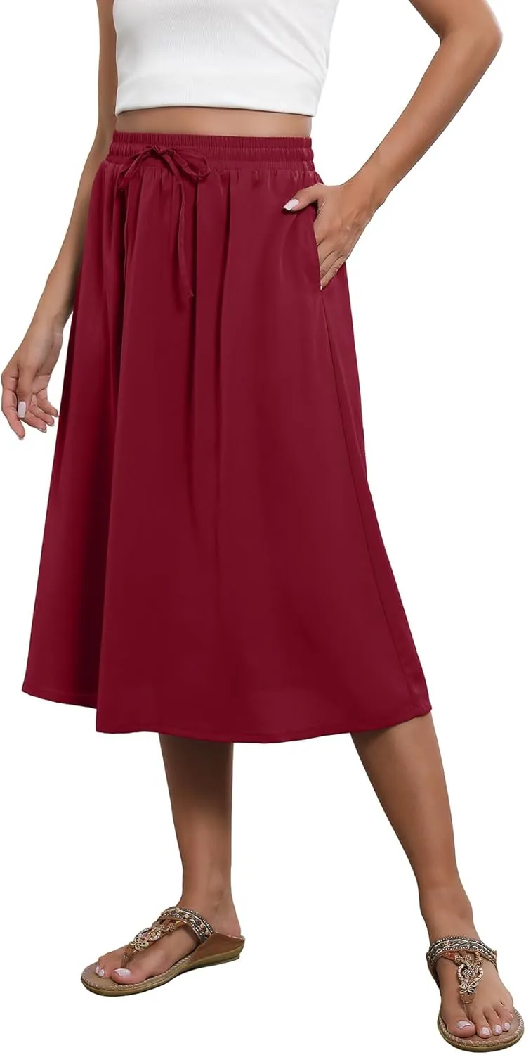 Flowy Skirt Midi Length Elastic High Waist A-Line Skirt with Pockets Boho for Women 2025 Trendy(S-2XL)