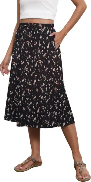 Flowy Skirt Midi Length Elastic High Waist A-Line Skirt with Pockets Boho for Women 2025 Trendy(S-2XL)