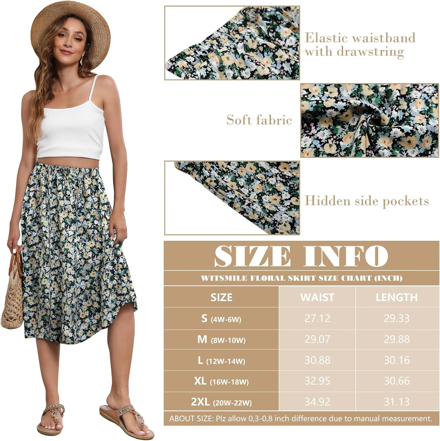 Flowy Skirt Midi Length Elastic High Waist A-Line Skirt with Pockets Boho for Women 2025 Trendy(S-2XL)