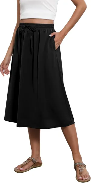 Flowy Skirt Midi Length Elastic High Waist A-Line Skirt with Pockets Boho for Women 2025 Trendy(S-2XL)