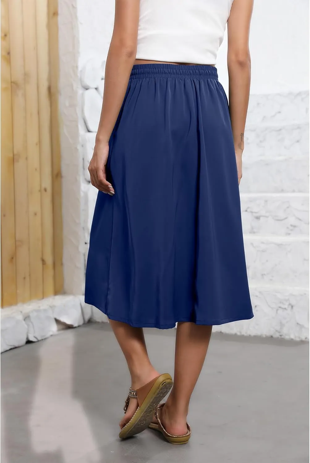 Flowy Skirt Midi Length Elastic High Waist A-Line Skirt with Pockets Boho for Women 2025 Trendy(S-2XL)