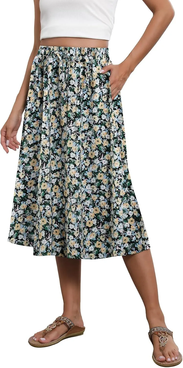 Flowy Skirt Midi Length Elastic High Waist A-Line Skirt with Pockets Boho for Women 2025 Trendy(S-2XL)