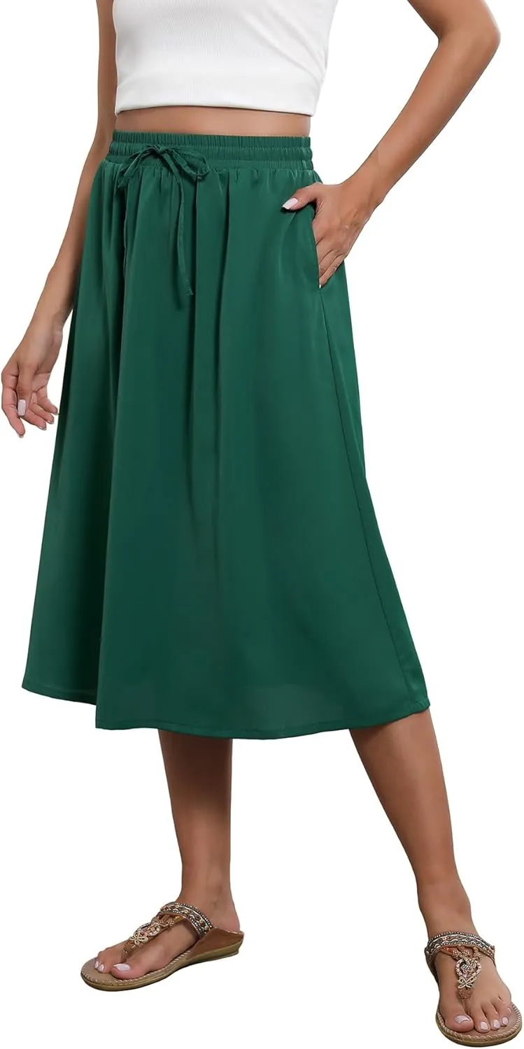Flowy Skirt Midi Length Elastic High Waist A-Line Skirt with Pockets Boho for Women 2025 Trendy(S-2XL)