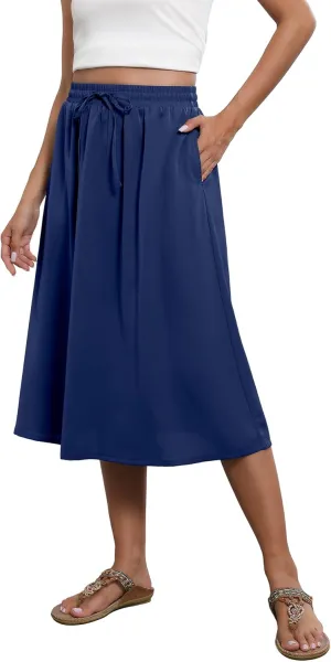 Flowy Skirt Midi Length Elastic High Waist A-Line Skirt with Pockets Boho for Women 2025 Trendy(S-2XL)