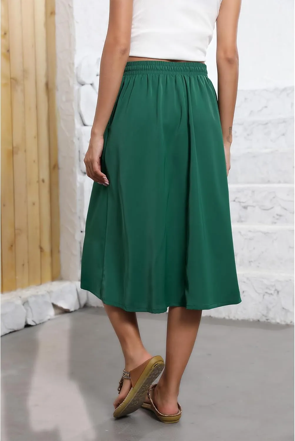 Flowy Skirt Midi Length Elastic High Waist A-Line Skirt with Pockets Boho for Women 2025 Trendy(S-2XL)