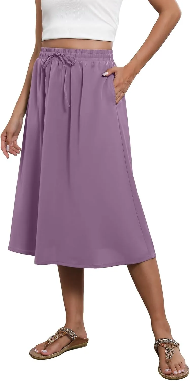 Flowy Skirt Midi Length Elastic High Waist A-Line Skirt with Pockets Boho for Women 2025 Trendy(S-2XL)