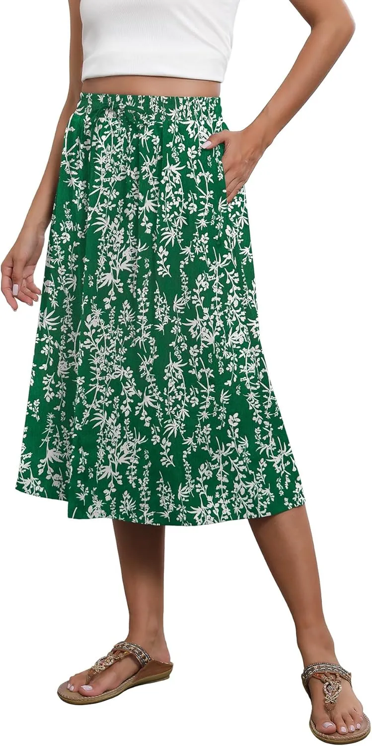 Flowy Skirt Midi Length Elastic High Waist A-Line Skirt with Pockets Boho for Women 2025 Trendy(S-2XL)