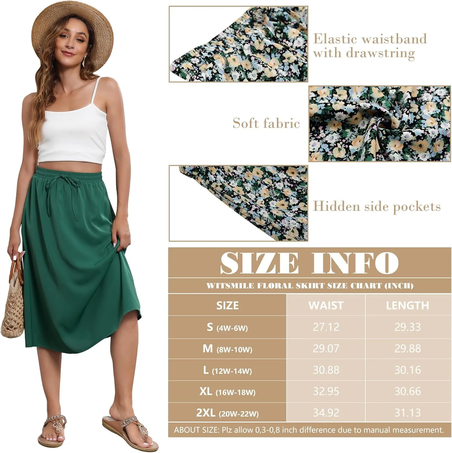 Flowy Skirt Midi Length Elastic High Waist A-Line Skirt with Pockets Boho for Women 2025 Trendy(S-2XL)