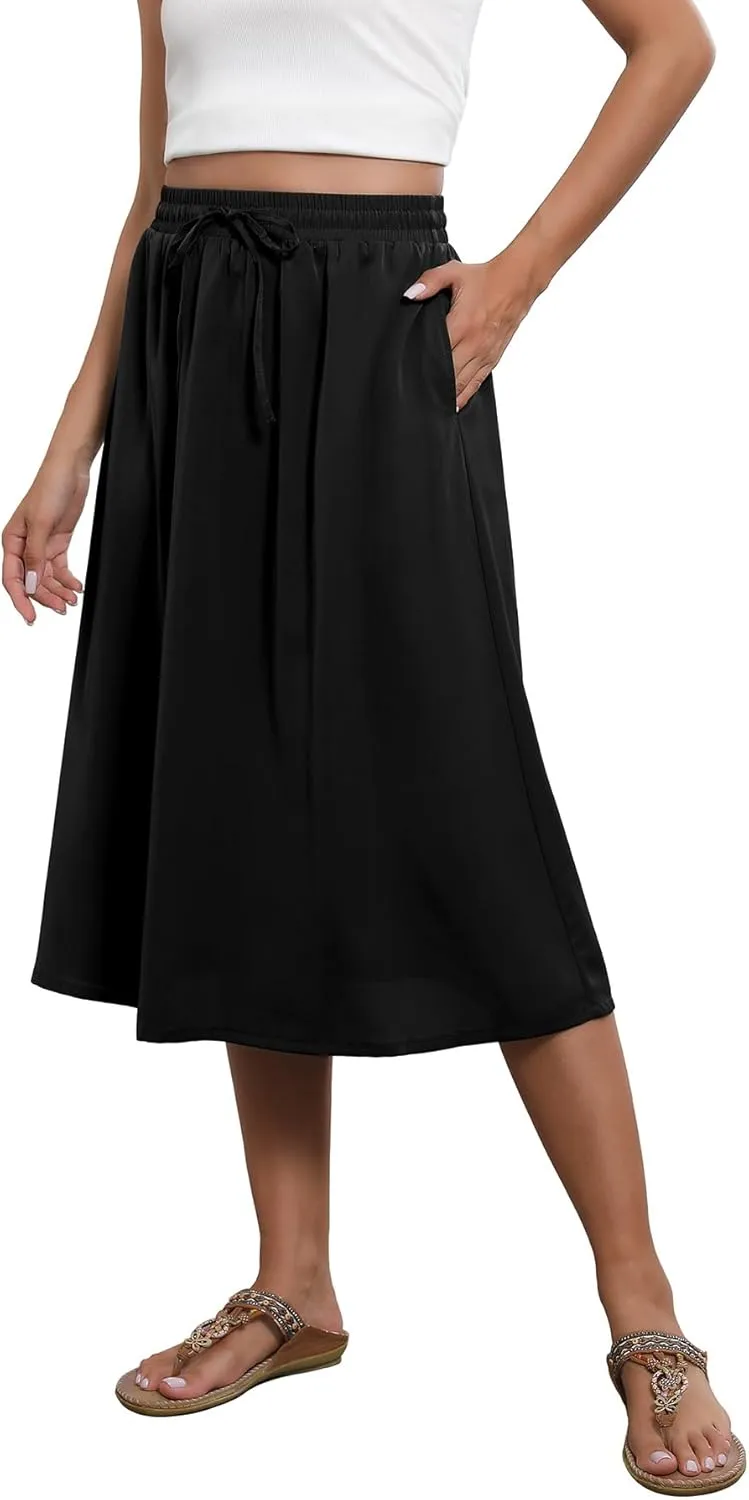 Flowy Skirt Midi Length Elastic High Waist A-Line Skirt with Pockets Boho for Women 2025 Trendy(S-2XL)