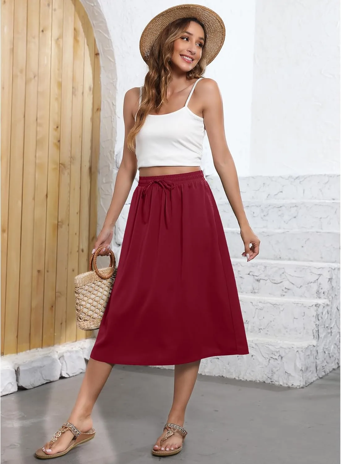 Flowy Skirt Midi Length Elastic High Waist A-Line Skirt with Pockets Boho for Women 2025 Trendy(S-2XL)