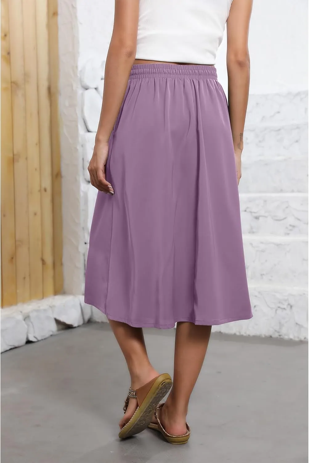 Flowy Skirt Midi Length Elastic High Waist A-Line Skirt with Pockets Boho for Women 2025 Trendy(S-2XL)