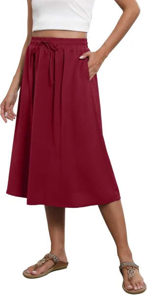 Flowy Skirt Midi Length Elastic High Waist A-Line Skirt with Pockets Boho for Women 2025 Trendy(S-2XL)