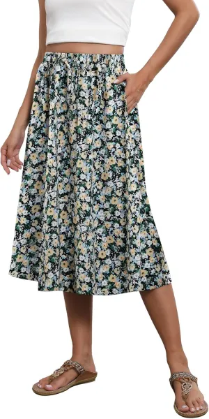 Flowy Skirt Midi Length Elastic High Waist A-Line Skirt with Pockets Boho for Women 2025 Trendy(S-2XL)