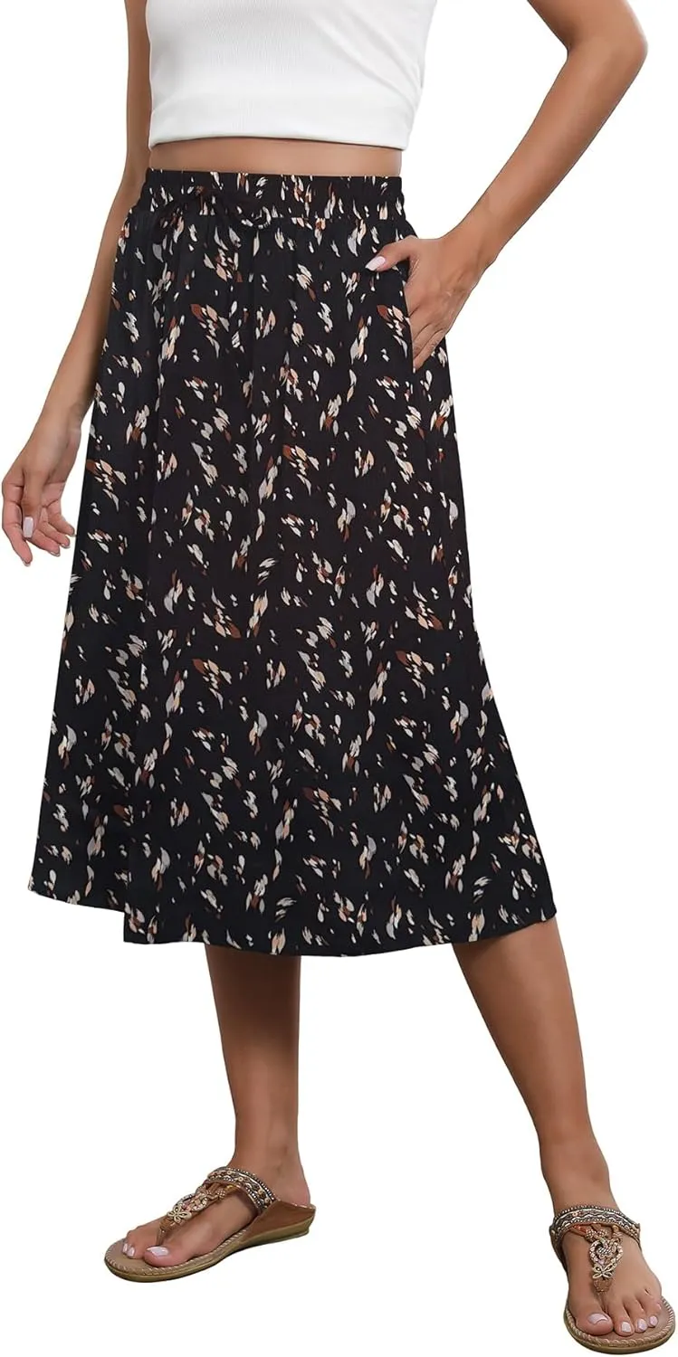 Flowy Skirt Midi Length Elastic High Waist A-Line Skirt with Pockets Boho for Women 2025 Trendy(S-2XL)