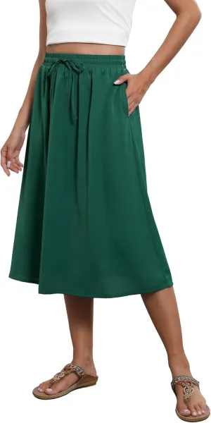 Flowy Skirt Midi Length Elastic High Waist A-Line Skirt with Pockets Boho for Women 2025 Trendy(S-2XL)