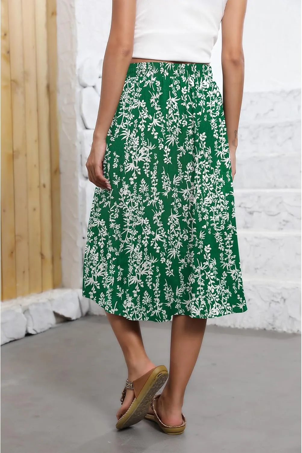 Flowy Skirt Midi Length Elastic High Waist A-Line Skirt with Pockets Boho for Women 2025 Trendy(S-2XL)