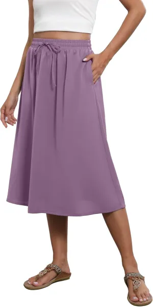 Flowy Skirt Midi Length Elastic High Waist A-Line Skirt with Pockets Boho for Women 2025 Trendy(S-2XL)