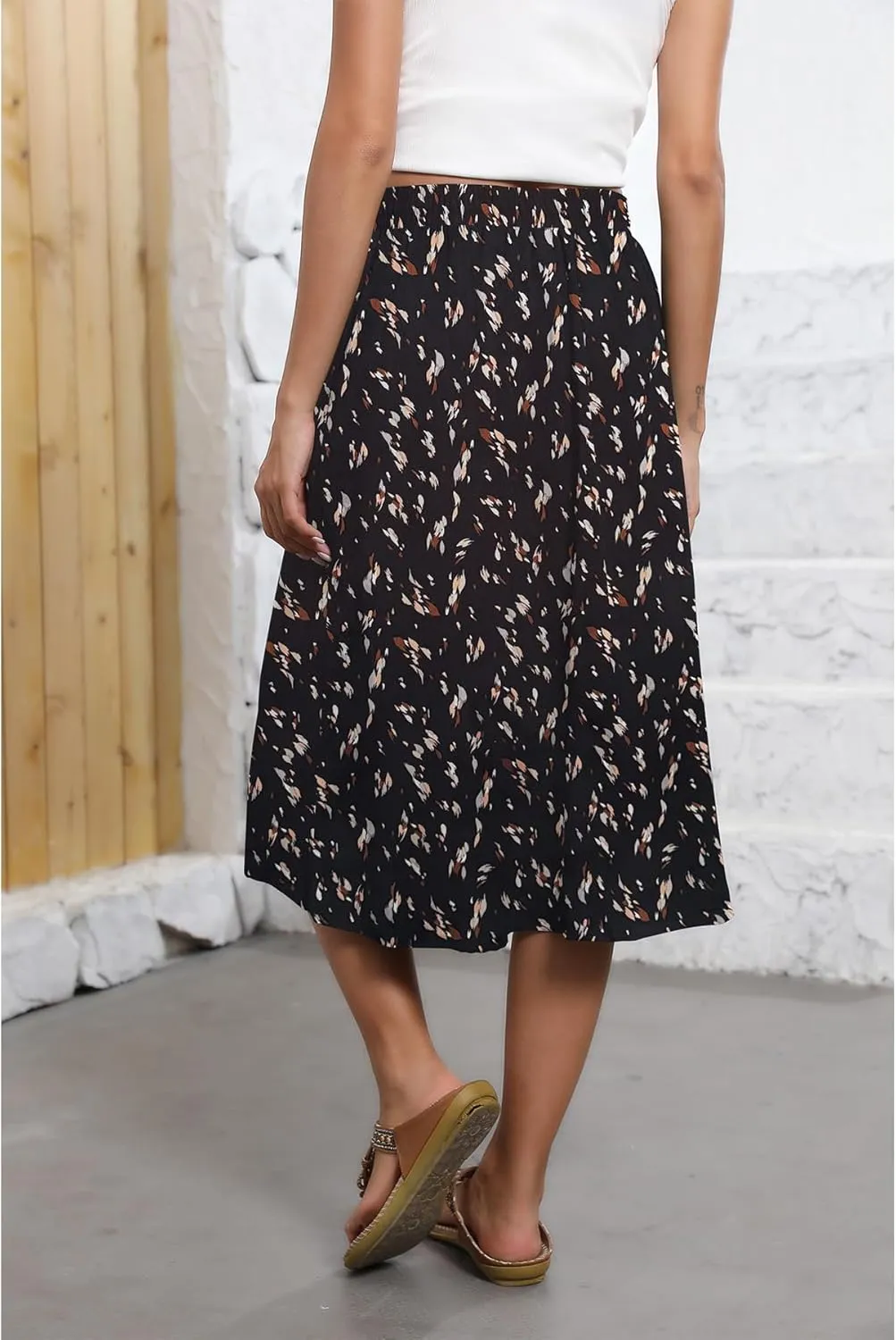 Flowy Skirt Midi Length Elastic High Waist A-Line Skirt with Pockets Boho for Women 2025 Trendy(S-2XL)