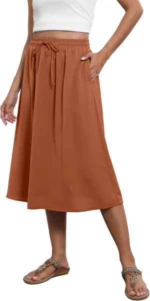 Flowy Skirt Midi Length Elastic High Waist A-Line Skirt with Pockets Boho for Women 2025 Trendy(S-2XL)
