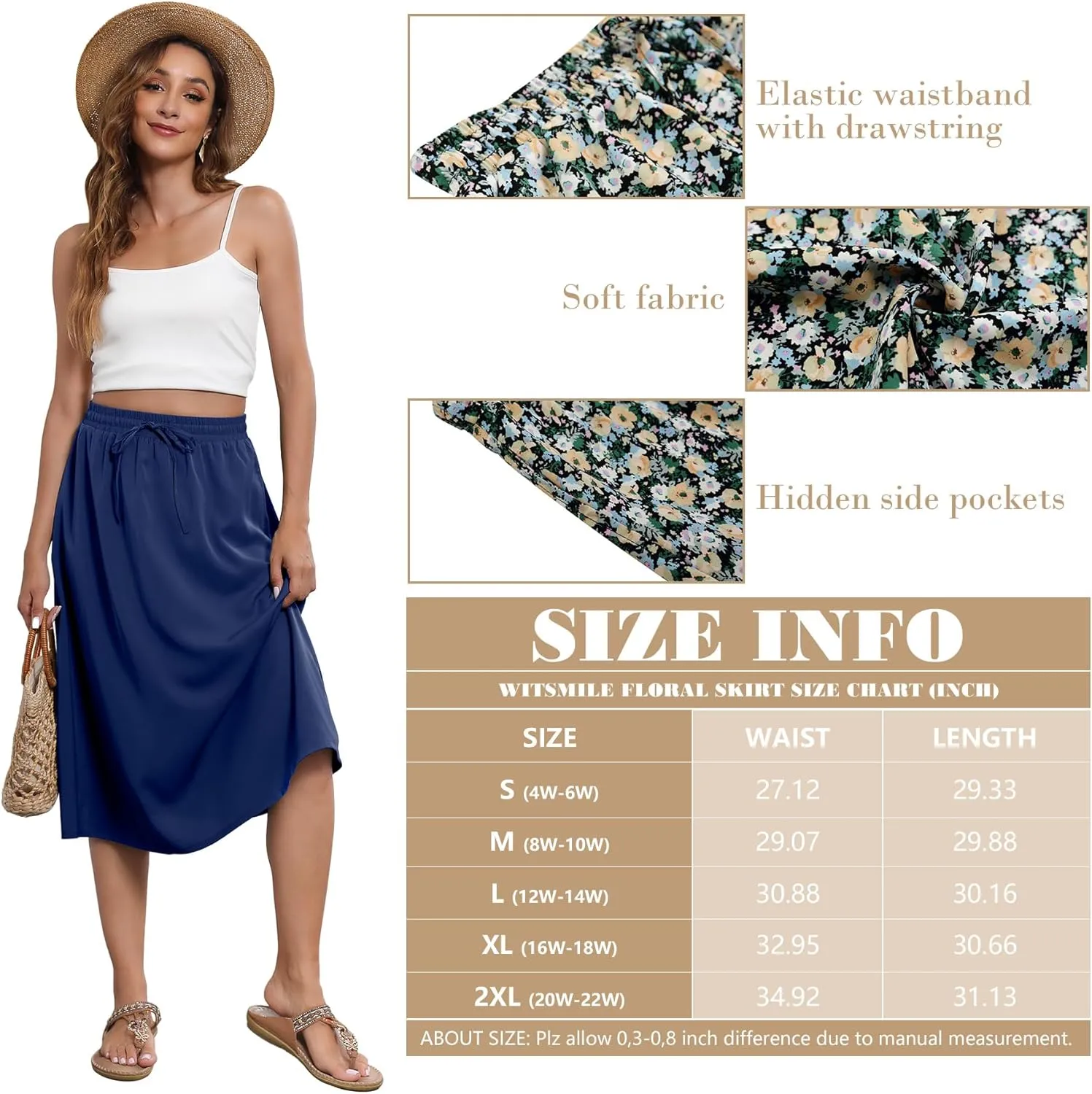 Flowy Skirt Midi Length Elastic High Waist A-Line Skirt with Pockets Boho for Women 2025 Trendy(S-2XL)