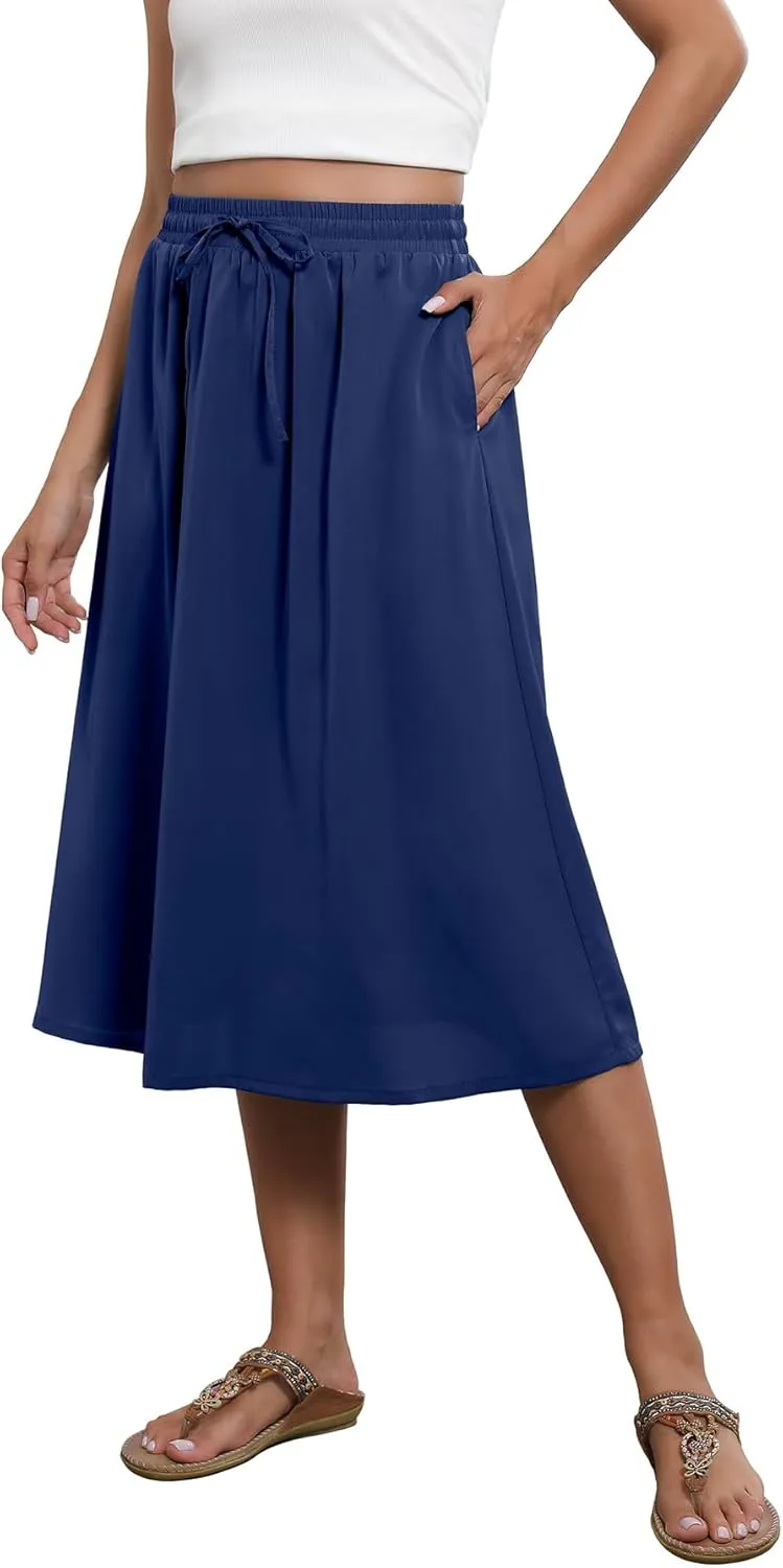 Flowy Skirt Midi Length Elastic High Waist A-Line Skirt with Pockets Boho for Women 2025 Trendy(S-2XL)