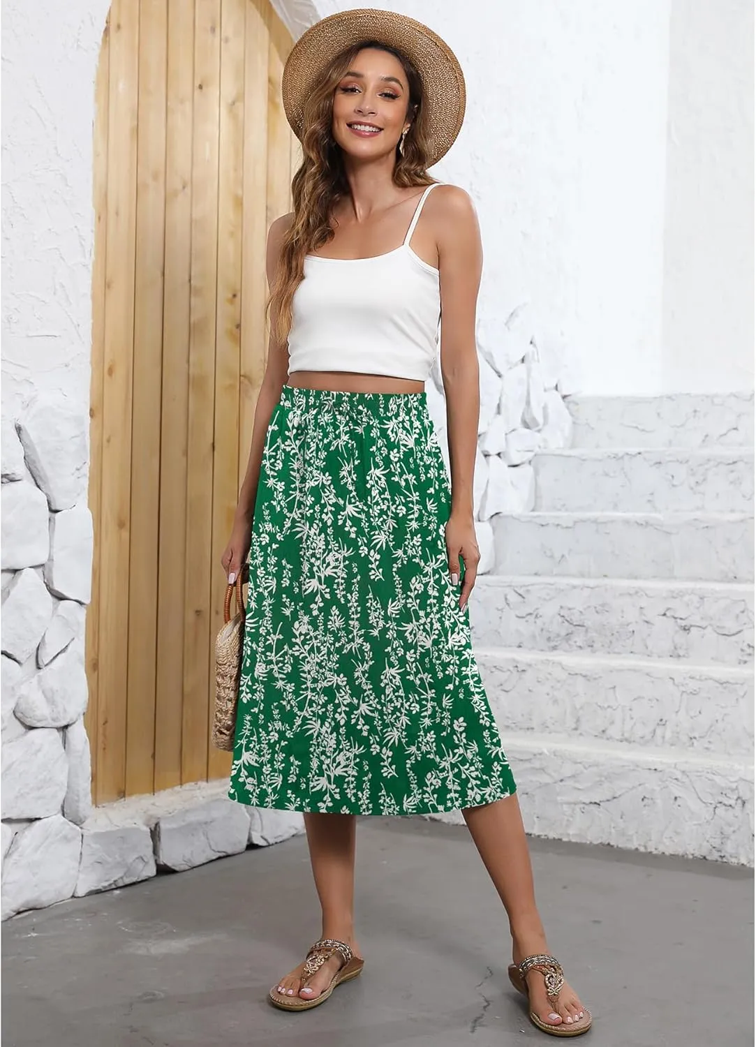 Flowy Skirt Midi Length Elastic High Waist A-Line Skirt with Pockets Boho for Women 2025 Trendy(S-2XL)