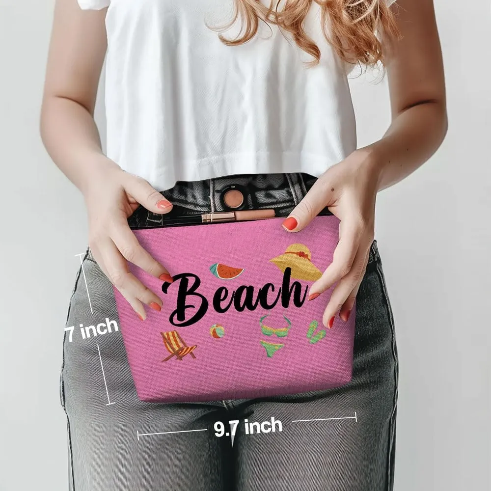 Funny Beach Makeup Bag, Beach Bag Best Friend Summer Vacation Cosmetic Bag for Women Bridesmaid Bride Sister Girls Trip Favors Weekender Birthday Christmas Bachelorette Party Friendship Gifts Pink
