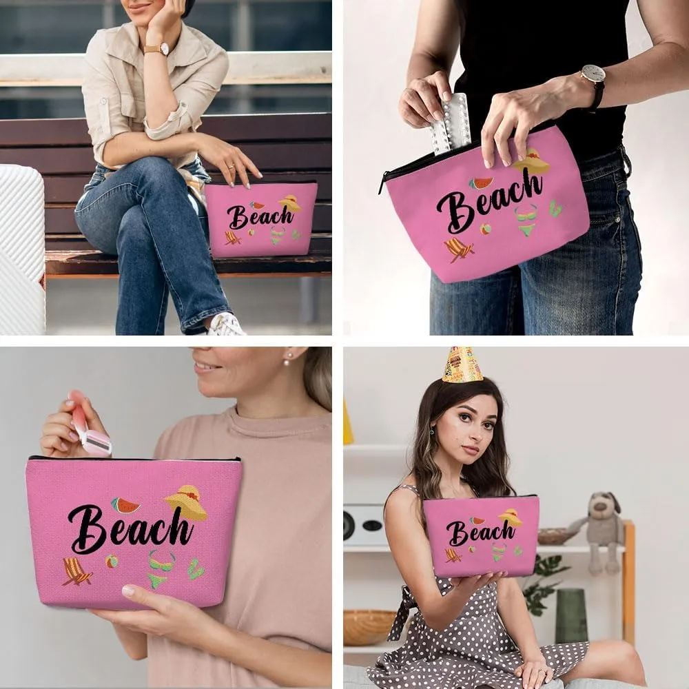 Funny Beach Makeup Bag, Beach Bag Best Friend Summer Vacation Cosmetic Bag for Women Bridesmaid Bride Sister Girls Trip Favors Weekender Birthday Christmas Bachelorette Party Friendship Gifts Pink