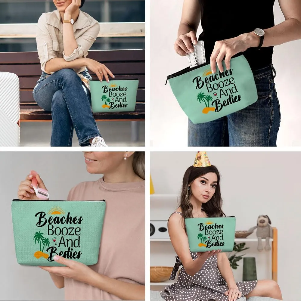 Funny Beach Makeup Bag, Sunshine Beach Bag Best Friend Summer Cosmetic Bag for Women Bridesmaid Bride Sister Girls Trip Favors Weekender Birthday Christmas Bachelorette Party Friendship Gifts Green