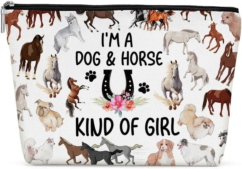 Funny Girl Loves Dogs & Horses Cosmetic Bag for Women, Horse Gifts for Girls, Dog Mom Dog Gifts Dog Lover GiftsCute Dog Stuff Makeup Bag Cosmeticcase for Sister Birthday Friendship Christmas