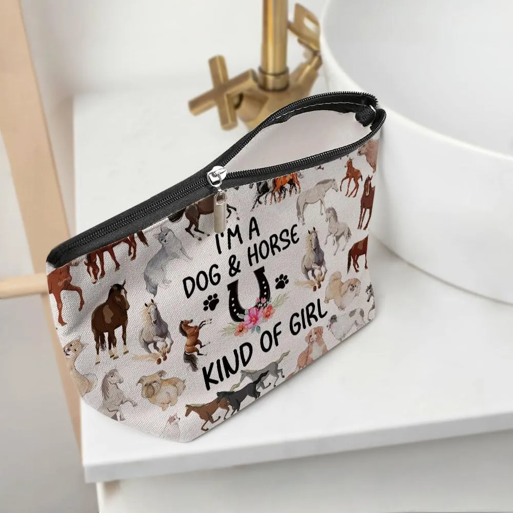 Funny Girl Loves Dogs & Horses Cosmetic Bag for Women, Horse Gifts for Girls, Dog Mom Dog Gifts Dog Lover GiftsCute Dog Stuff Makeup Bag Cosmeticcase for Sister Birthday Friendship Christmas