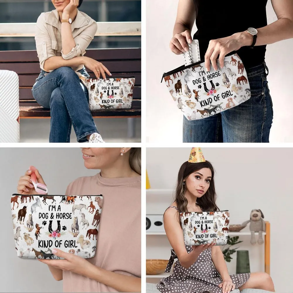 Funny Girl Loves Dogs & Horses Cosmetic Bag for Women, Horse Gifts for Girls, Dog Mom Dog Gifts Dog Lover GiftsCute Dog Stuff Makeup Bag Cosmeticcase for Sister Birthday Friendship Christmas