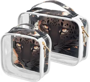GAIGEO Ferocious Flame Leopard Behind Broken Wall 2 Pack Clear Toiletry Bag Set, Plastic Cosmetic Bags with Zipper, Clear Bag for Travel