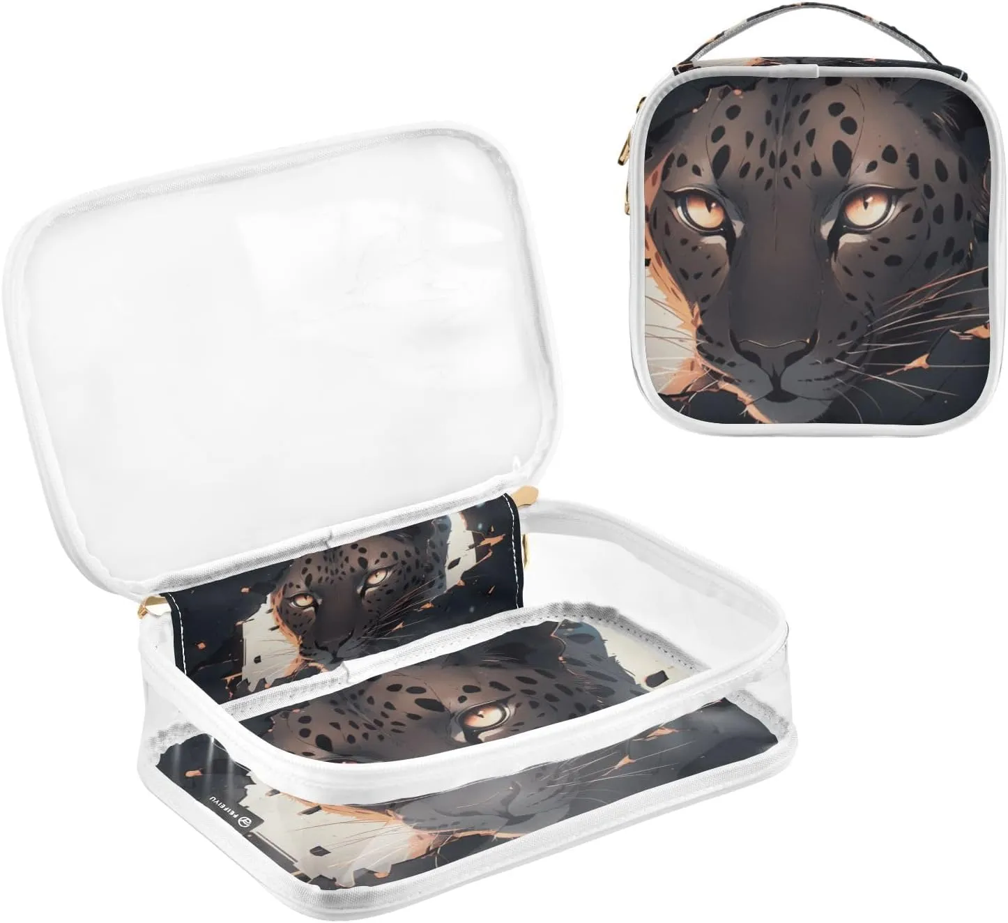 GAIGEO Ferocious Flame Leopard Behind Broken Wall 2 Pack Clear Toiletry Bag Set, Plastic Cosmetic Bags with Zipper, Clear Bag for Travel
