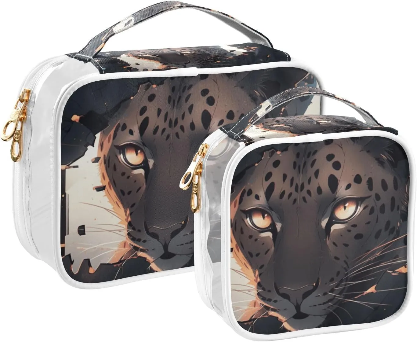 GAIGEO Ferocious Flame Leopard Behind Broken Wall 2 Pack Clear Toiletry Bag Set, Plastic Cosmetic Bags with Zipper, Clear Bag for Travel